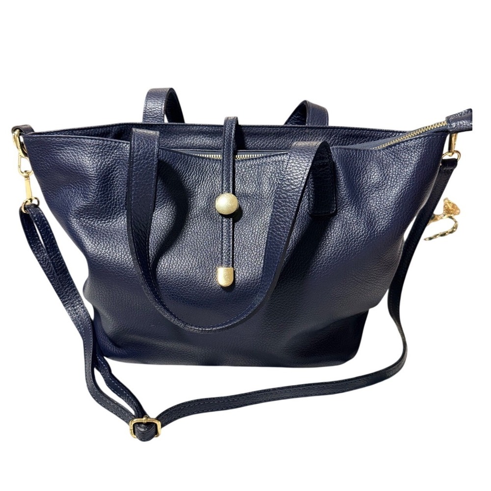 Borse in Pelle Tote Bag Medium Navy Blue Pebbled Leather Crossbody Strap